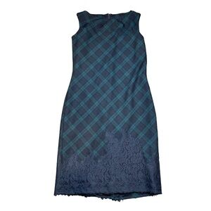 Talbots Dress 2P Blue Green Plaid Stretch Wool Sleeveless Christmas Floral Lace